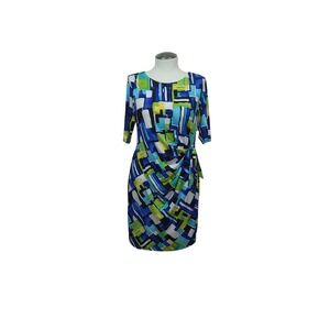 Kiara Sheath Dress Women Large Blue Green Abstract Geometric Knot Side SCWK183